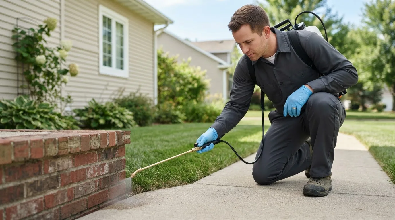 Pest control technician treating a home near Shelbyville, IN
