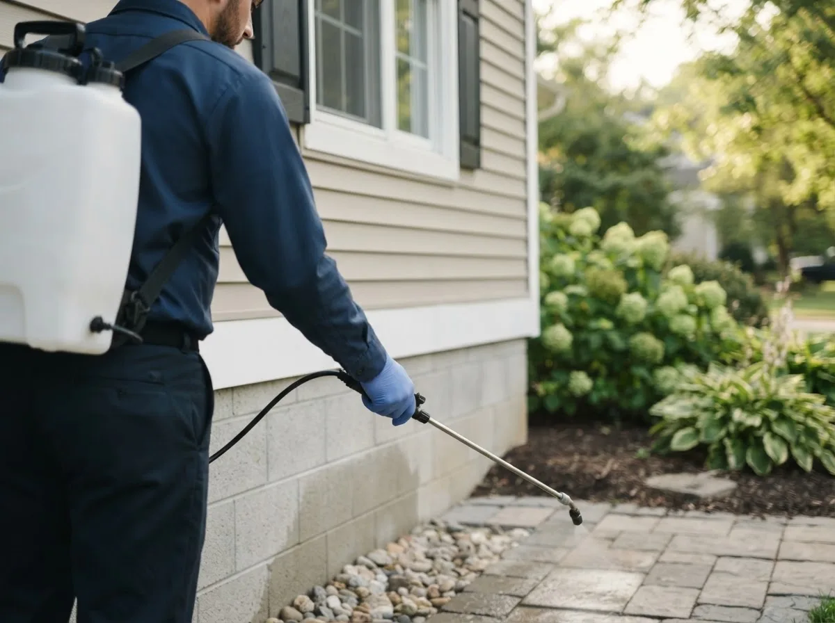 Pest control technician inspecting a home in Shelbyville, IN